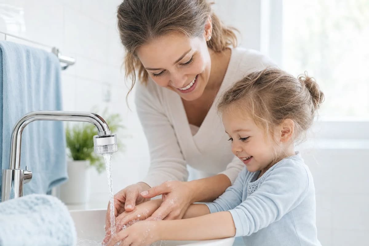 A parent helping a child wash hands at the sink