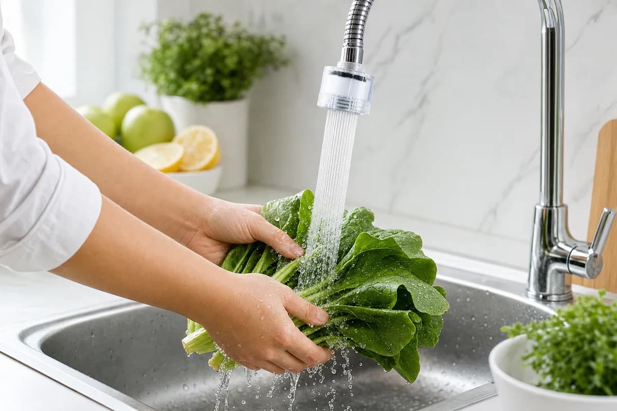 Rinsing fresh greens under a kitchen faucet stream