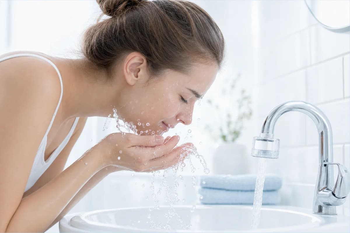 Washing face with filtered water at a bathroom faucet