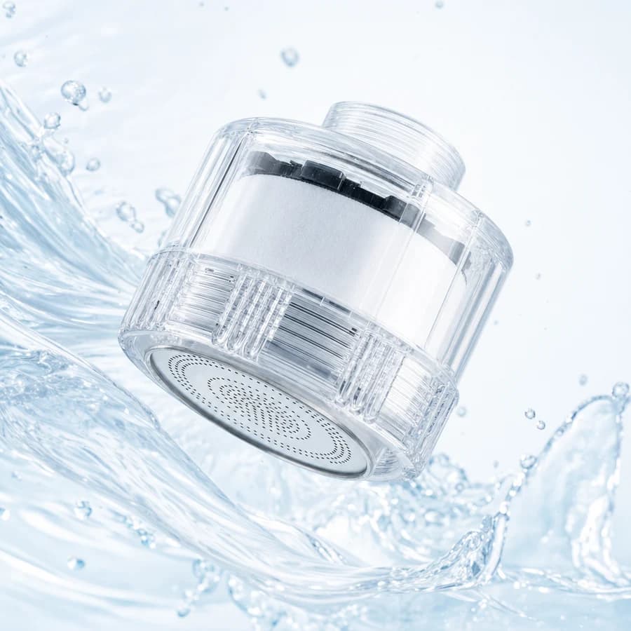 AQUABELL clear faucet filter floating above a splash of water